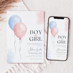 Modello di invito per la rivelazione del sesso del bambino Palloncino Ragazza o ragazzo Blu o rosa Invito alla festa per la rivelazione del sesso del bambino Modello di download digitale Che cosa sarà il bambino?