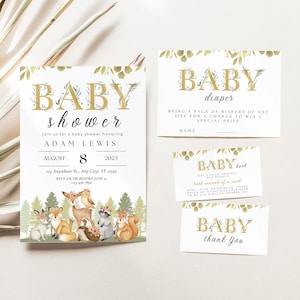Ensemble d'Invitation pour baby shower des bois, pack modifiable C'est un garçon, Invitation animaux de la forêt, dowlonade instantanée sur le thème des bois