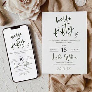Digital 50th Birthday invitation Template Fifty Birthday Electronic invite istant Digital Download Hello Fifty Printable Woman Birthday Card