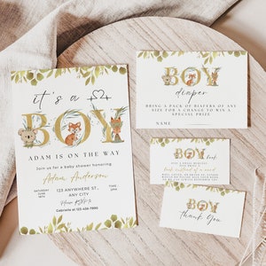 Invito per baby shower nel bosco Modello ragazzo, Invito per baby shower con animali del bosco nel verde, È un invito per baby shower per ragazzo stampabile Evite