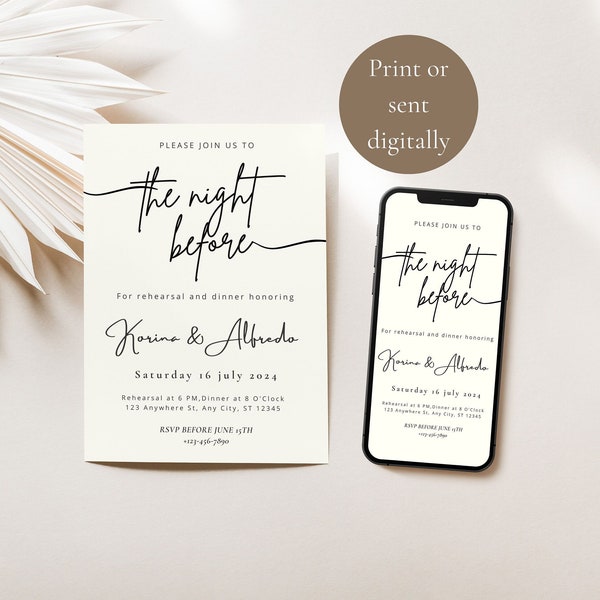 Rehearsal Dinner Invitation Template | Digital Rehearsal Dinner Invite | The Night Before Wedding invitation Digital Download