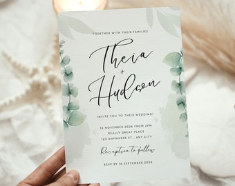 Greenery Wedding Invitation Template, Eucalyptus Wedding Minimalist Card, Greenery Gold Wedding Invite template Download | Sage Green Evite