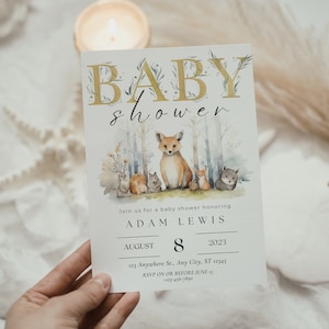 Ensemble d'Invitation pour baby shower des bois, pack modifiable C'est un garçon, Invitation animaux de la forêt, Dowlonade instantanée sur le thème de la forêt