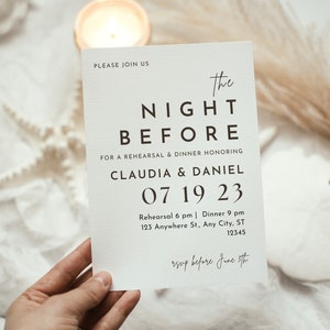 Digital Rehearsal Dinner Invitation | Modern Minimalist The Night Before Evite | Electronic Text Dinner Invite | Editable Template Canva