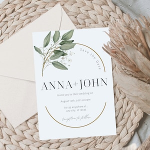 Modello di invito per matrimonio Greenery, modello di invito per matrimonio minimalista Eucalyptus, modello di invito per matrimonio Greenery Gold Download / Sage Green Evite