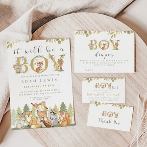 Ensemble d'Invitation pour baby shower des bois, pack modifiable C'est un garçon, Invitation animaux de la forêt, dowlonade instantanée sur le thème des bois