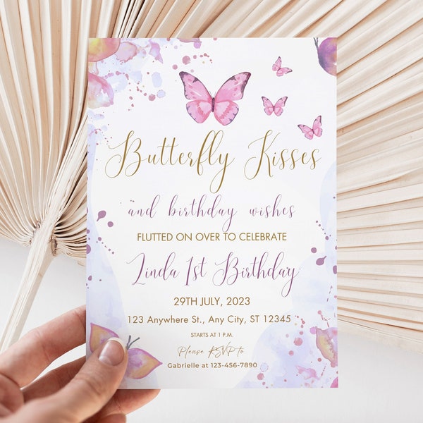 Butterfly Birthday Invitation, Butterfly Kisses and birthday wishes Invite, Girl Editable Purple Template 1st, Pastel Istant Download