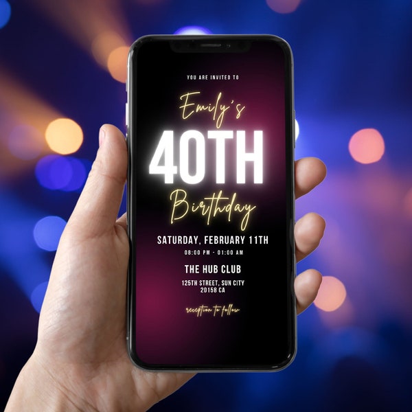 Digital 40th Birthday invitation Template , Forty Birthday Electronic invite istant Digital Download, Fluo  Printable 40th Birthday invite