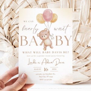 Modèle d'invitation à révéler le sexe de l'ours en peluche Canva Digital Gender Reveal Party Invitation Carte de téléchargement numérique We Can Bearly Wait modifiable