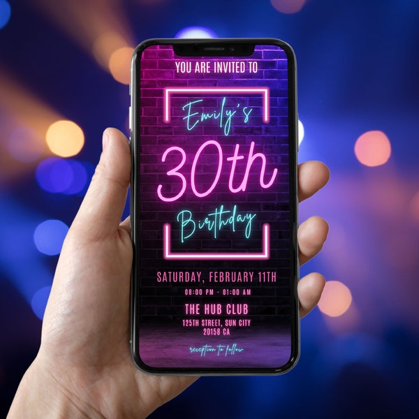 Digital 30th Birthday invitation Template Thirty Birthday Electronic invite istant Digital Download Glow Neon Printable 30th Birthday invite
