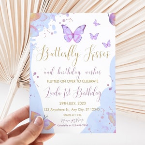 Butterfly Birthday Invitation, Butterfly Kisses and birthday wishes Invite, Girl Editable Purple Template 1st, Pastel Istant Download