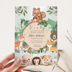 Invito per baby shower stampabile Woodland Invito digitale per baby shower per bambini Invito per baby shower modificabile Woodland Animals Baby Shower Card Download