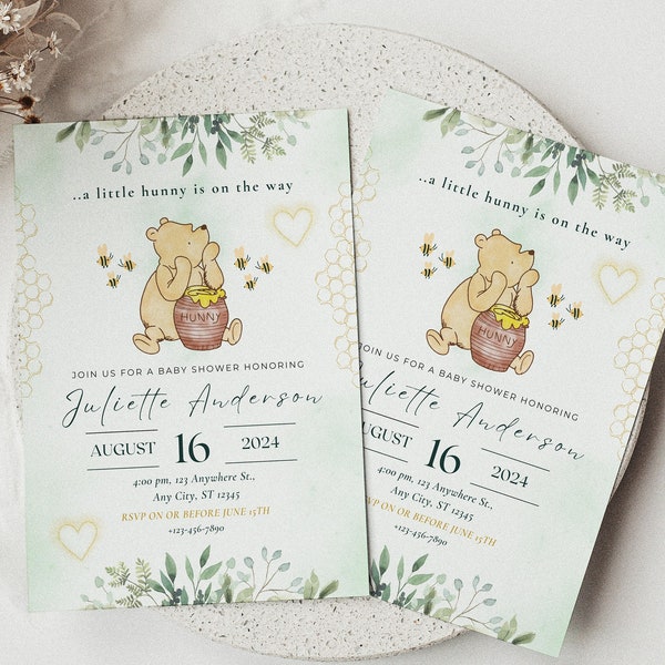 Classic Winnie The Pooh Baby Shower Invitation, Editable Gender Neutral Baby Shower invite Template, Greenery Winnie Pooh Baby Shower Party