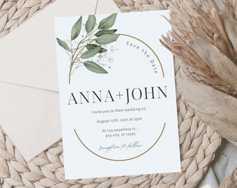 Greenery Wedding Invitation Template, Eucalyptus Wedding Minimalist Card, Greenery Gold Wedding Invite template Download | Sage Green Evite