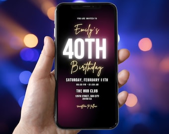 Digital 40th Birthday invitation Template , Forty Birthday Electronic invite istant Digital Download, Fluo  Printable 40th Birthday invite