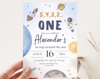 First Trip Around The Sun Birthday Invitation Template Editable Outer Space Theme 1st Birthday Invite Astronaut Galaxy Invite Printable