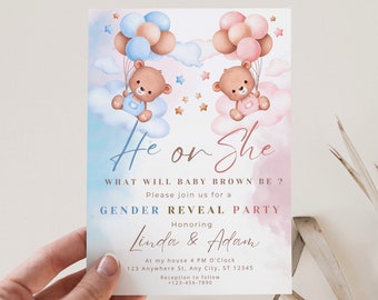 Gender Reveal Invitation Template, Teddy Bear Gender Reveal Invitation, Hot Air Balloons Invite, He or She Gender Reveal invitation Download