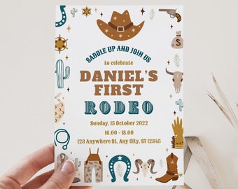 My First Rodeo Birthday Invitation Cowboy Editable Invite Wild West Ranch, Boy 1st Southwestern Template Printable Instant Digital Download