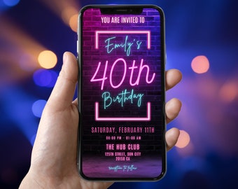Digital 40th Birthday invitation Template Forty Birthday Electronic invite istant Digital Download Glow Neon Printable 40th Birthday invite