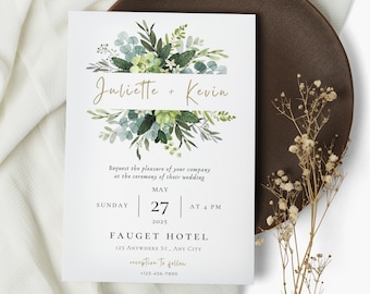 Sage Green Wedding Invitation Template, Eucalyptus Wedding Minimalist Card Evite, Greenery Gold Wedding Invite template Download