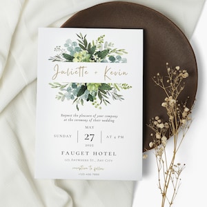 Sage Green Wedding Invitation Template, Eucalyptus Wedding Minimalist Card Evite, Greenery Gold Wedding Invite template Download