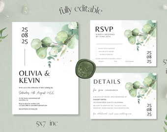 Greenery Wedding Invitation Set Template, Sage Green Minimalist Wedding Template, Eucalyptus Wedding Invite Kit Details Card Printable RSVP