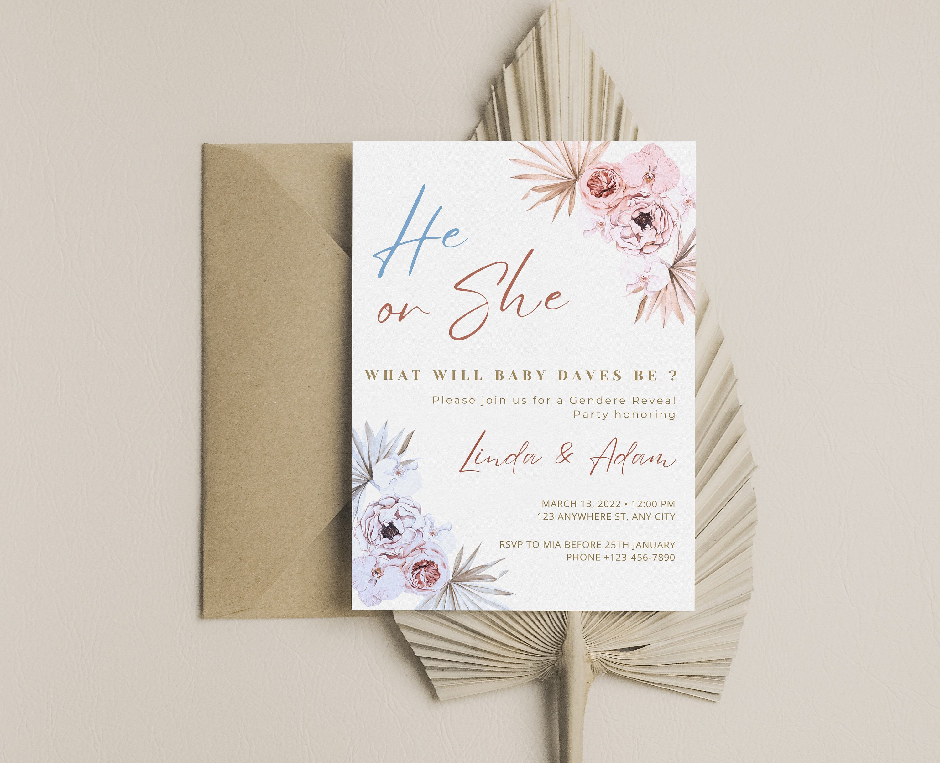 Boho Gender Reveal Invitation Idea He or She Invite Pampas - Etsy