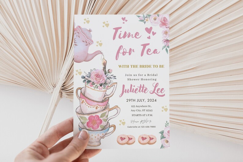 Tea Party Bridal Shower Invitation Editable Time for Tea Wedding Invite Shower Floral Pink Gold ...