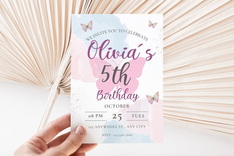 Butterfly Birthday Invitation Template, Girl Purple Birthday Invite