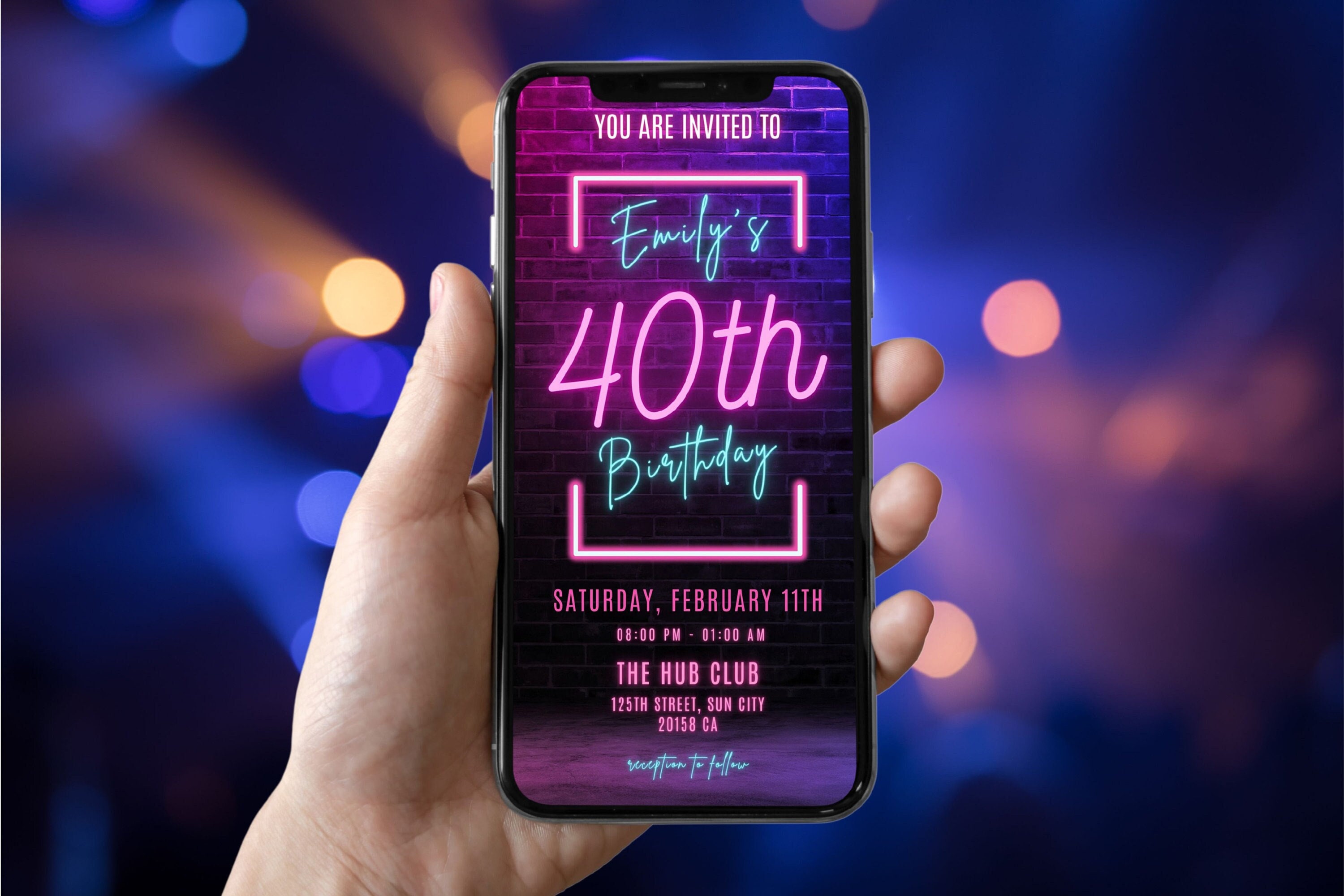40th Birthday Digital Invite Forty Birthday Invitation Template Digital Glow Neon 40th Birthday Printable 40th Birthday Istant download