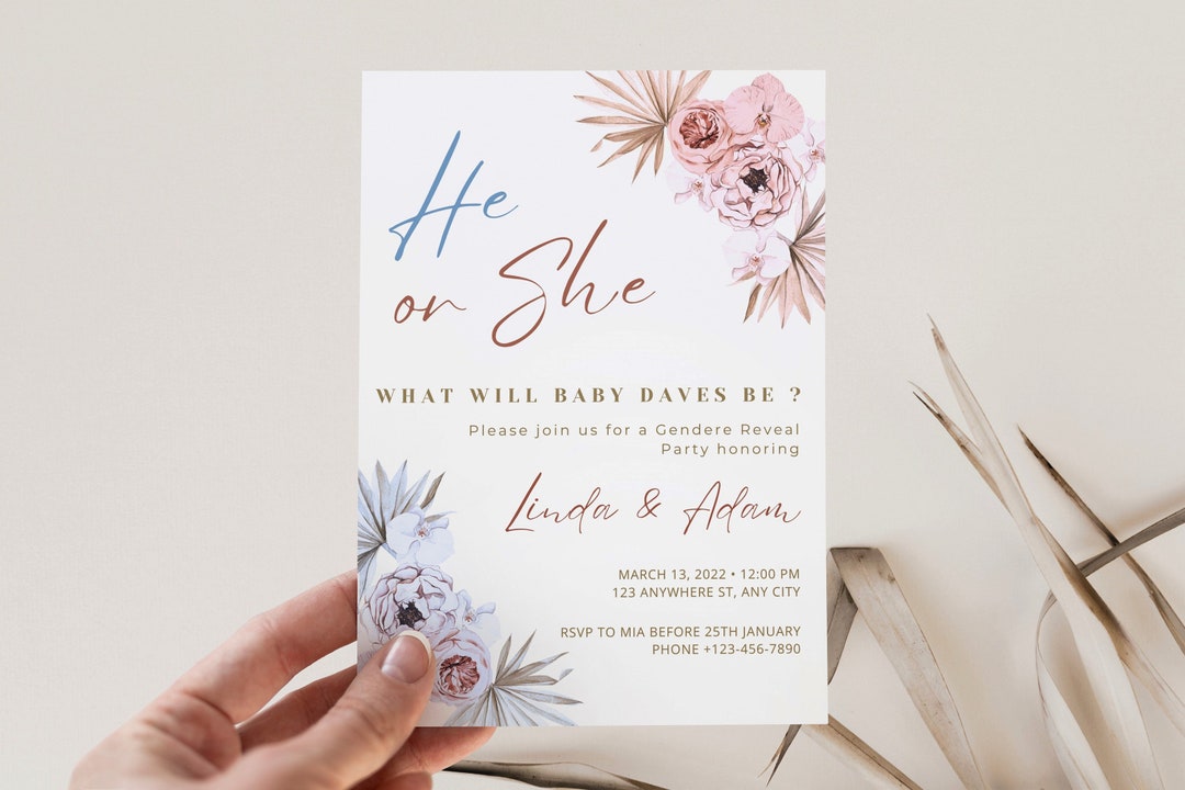 Boho Gender Reveal Invitation Idea, He or She Invite, Pampas Grass ...