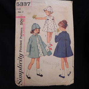 Vintage jaren 1960 Eenvoud Patroon #5337, Kinderjurk, jas en hoed uit één stuk. Maat 2, Vintage snijpatroon