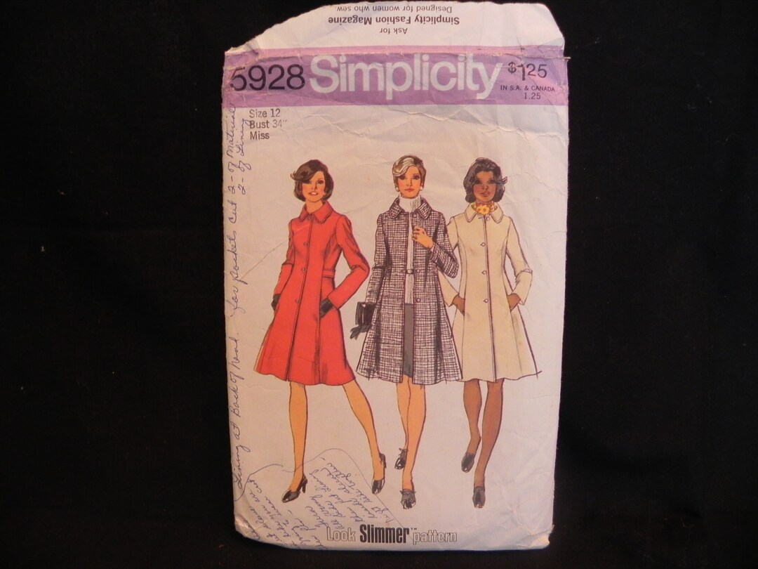 1970s Simplicity Sewing Pattern 5928, Princess Coat in Misses' and Half ...