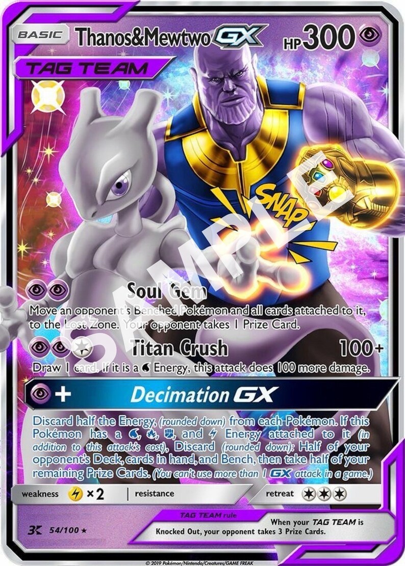 Mewtwo &amp; Thanos GX Tag Team Custom Made Pokemon X Marvel Card One off ...