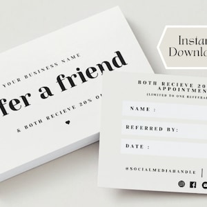 編集可能な紹介カード テンプレート、ポイント カード テンプレート、友達紹介カード、デジタル ダウンロード割引テンプレート、2 x 3.5
