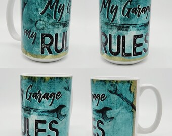 Tasse à café en céramique de garage rétro "My Garage My Rules" 11oz ou 15oz, Mechanic Quote Car Lovers Coffee or Tea Cup