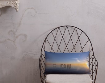 Premium Pillow - The Quiet of Evening: An Aged Pier on a Reflective Dark Blue Ocean at Dusk