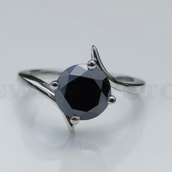 Black Round Moissanite Ring, 925 Sterling Silver Ring, By Pass Shank Solitaire Engagement Ring, 935 Argentium Silver Ring, White Gold Ring