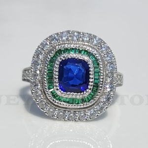 Edwardian Vintage 1890&#39;s Era 2.00ct Cushion Cut Diamond & Blue Sapphire Art Deco Ring Antique Engagement Ring In 935 Argentium Silver