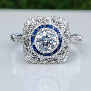 Antique Art Deco Round Diamond Engagement Ring, Sapphire Target Halo Ring In 935 Argentium Silver, Estate Ring, Vintage Edwardian Jewelry