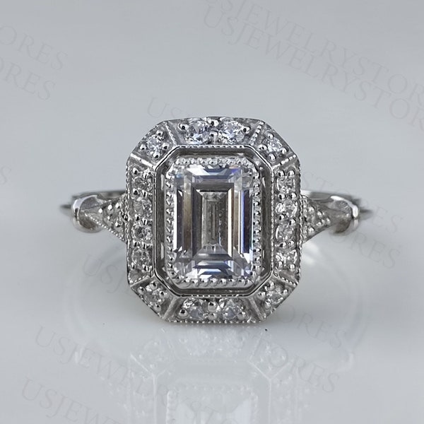 1890's Vintage Art Deco 1.85 CT Emerald Cut Diamond Engagement Ring In 935 Argentium Silver, Edwardian Women's Wedding Ring, Art Deco Ring