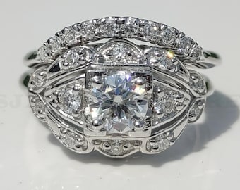 1890s Vintage 2.00 Ct Art Deco Round Cut Diamond Wedding Engagement Ring Set In 935 Argentium Silver Estate Ring Set Antique Bridal Set