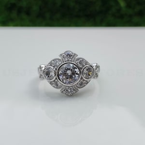 Estate Vintage Art Deco Wedding Ring, 3 Stone Moissanite Engagement Ring, 2.30 Ct White Round Cut Diamond Argentium Silver Edwardian Jewelry
