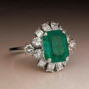 1880s Vintage Art Deco 3.00 Carat Green Emerald Cut Diamond Engagement Ring 935 Argentium Silver Estate Vintage Ring Jewelry For Womens