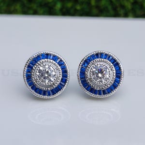 1900-10s Art Deco Vintage Halo Earrings, Sapphire Halo Stud Earrings, Antique Round Diamond Earrings In 935 Argentium Silver, Stud Earrings