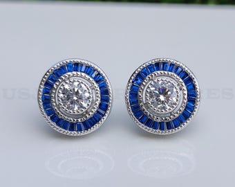 1900-10s Art Deco Vintage Halo Earrings, Sapphire Halo Stud Earrings, Antique Round Diamond Earrings In 935 Argentium Silver, Stud Earrings