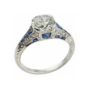 Circa 1880s Art Deco Vintage Round Cut Diamond & Sapphire Wedding Ring in 935 Argentium Silver, Antique Engagement Ring, Estate Fine Jewelry