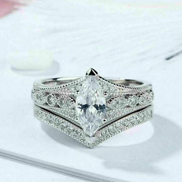 1880s Antique Edwardian 1.70Ct Marquise Cut Diamond Art Deco Bridal Set Vintage Engagement Ring Set, 935 Argentium Silver Retro Bridal Set