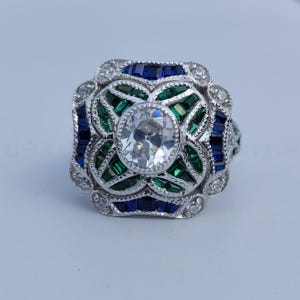Edwardian Vintage 1890&#39;s Era 2.00ct Cushion Cut Diamond & Blue Sapphire Art Deco Ring Antique Engagement Ring In 935 Argentium Silver