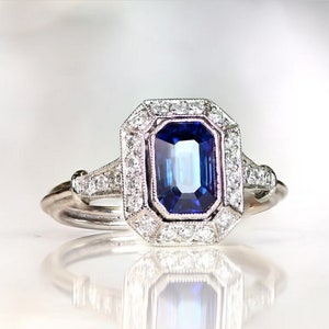 Circa 1880s Vintage Art Deco 2 Ct Blue Sapphire Emerald Diamond Halo Engagement Ring In 935 Argentium Silver Women&#39;s Vintage Estate Jewelry